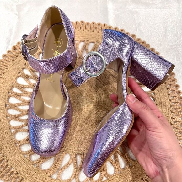George J Love Purple Leather Metallic Block Mary Jane Heels Size EU 38 - Picture 1 of 13